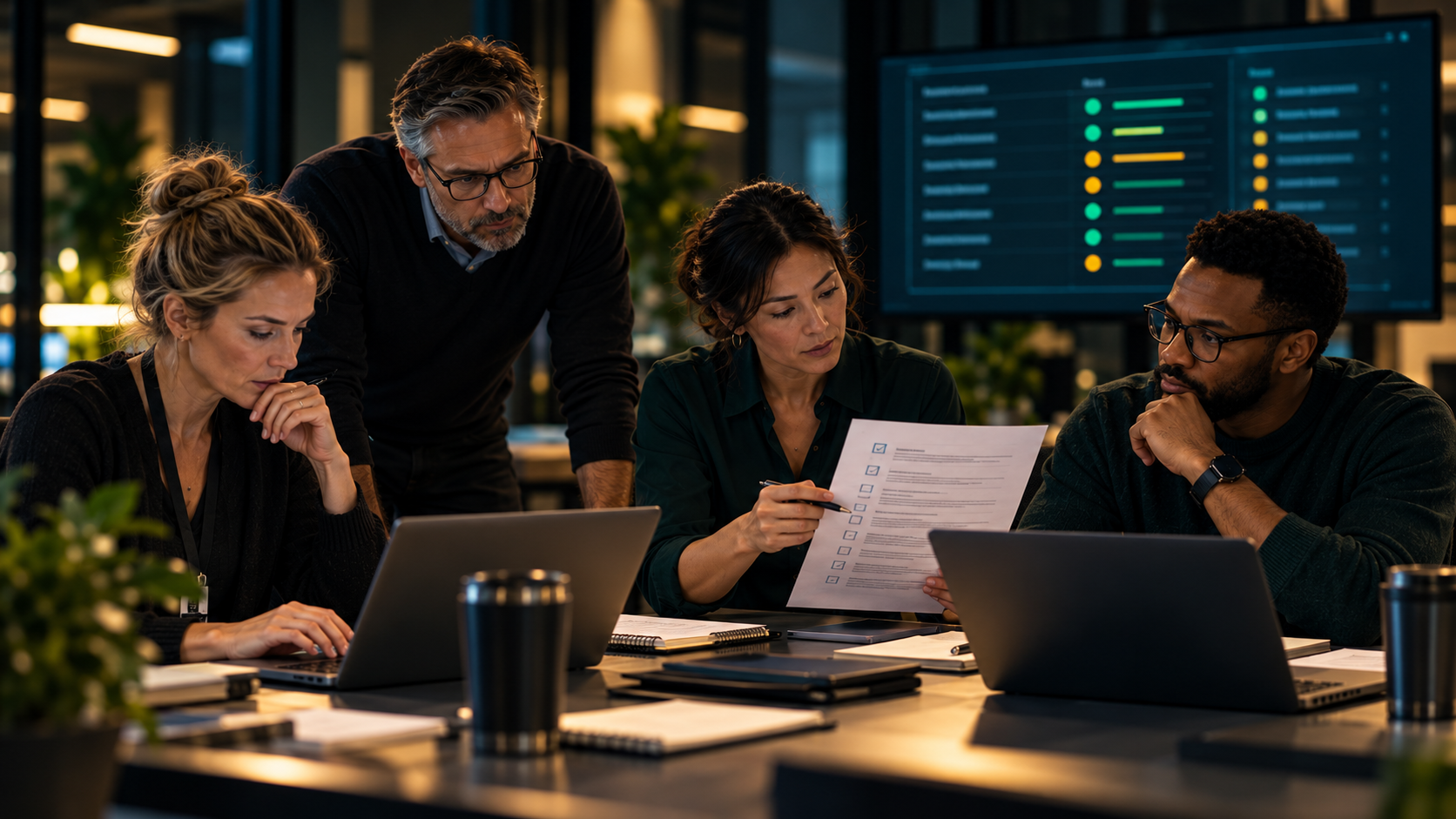 Customer-operations leaders reviewing an operational readiness checklist and supporting systems before disruption.