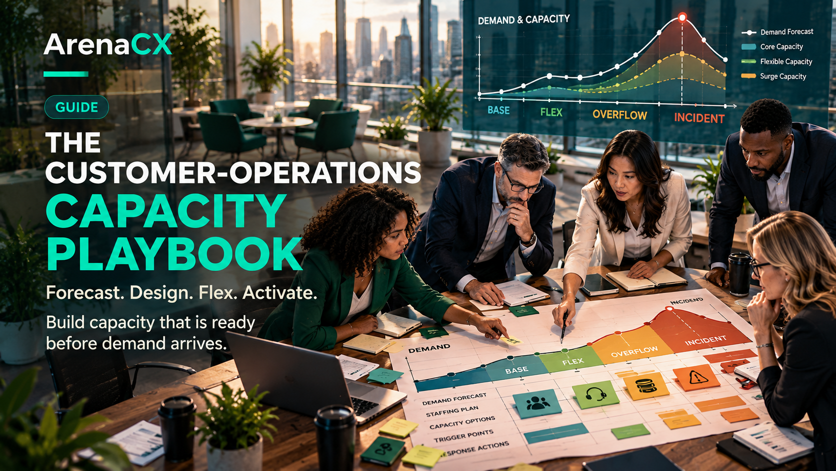 ArenaCX guide thumbnail for The Customer-Operations Capacity Playbook, showing a team planning against a demand-and-capacity curve.