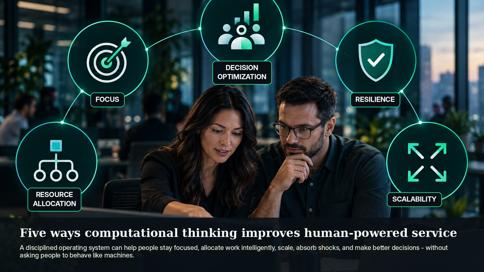Five-part computational-thinking framework showing focus, resource allocation, scalability, resilience, and decision optimization around a human customer-operations team.