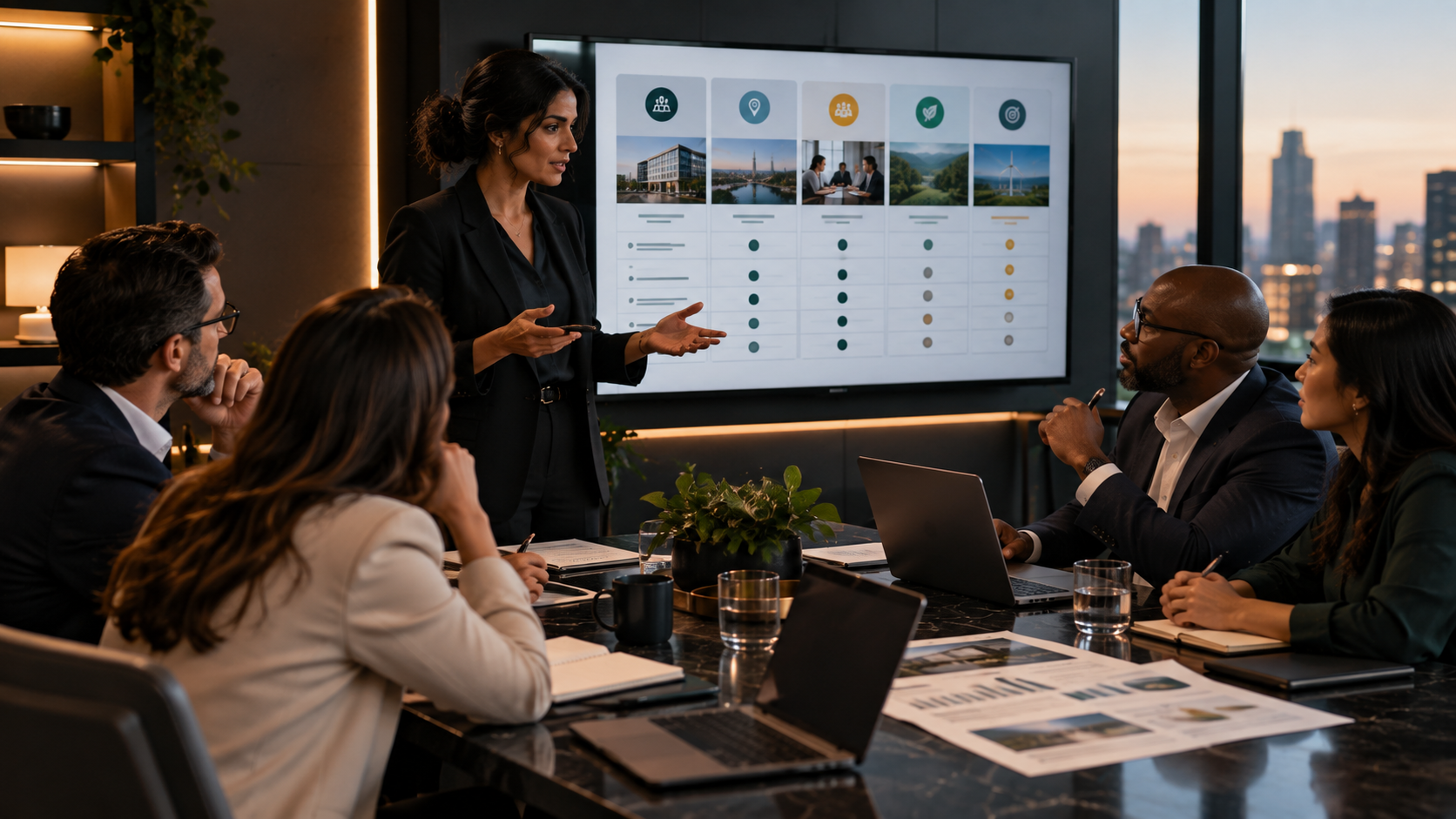 Three customer-operations leaders reviewing an Impact sourcing checklist together in a contemporary executive workspace, with visual cues representing Ownership, Location, Employment, and Mission.