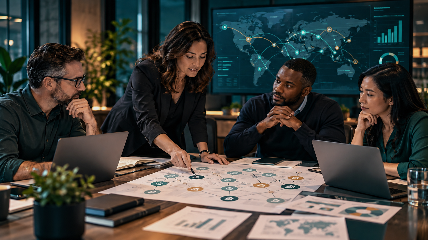 Customer-operations leaders collaborate around a network-planning map in a contemporary office while reviewing multiple operating paths.