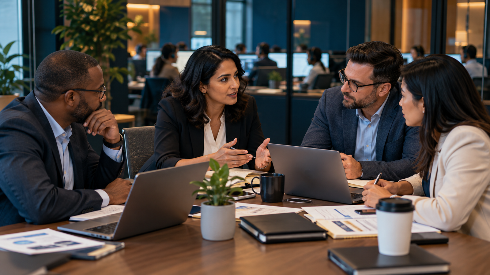 Customer-operations and sourcing leaders collaborate around a table with an active support operation visible in the background.
