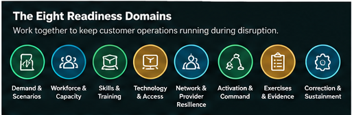 Eight readiness domains: Demand and Scenarios, Workforce and Capacity, Skills and Training, Technology and Access, Network and Provider Resilience, Activation and Command, Exercises and Evidence, and Correction and Sustainment.