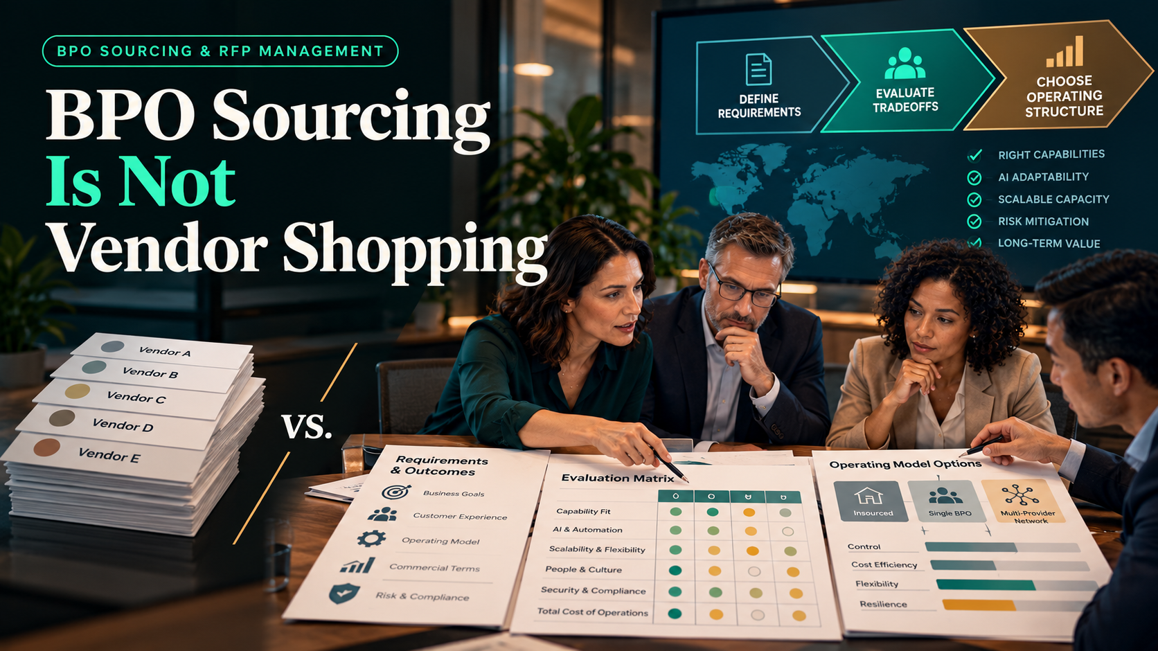 Executive BPO sourcing team compares providers against requirements, economics, AI adaptability, risk, and operating-model options.