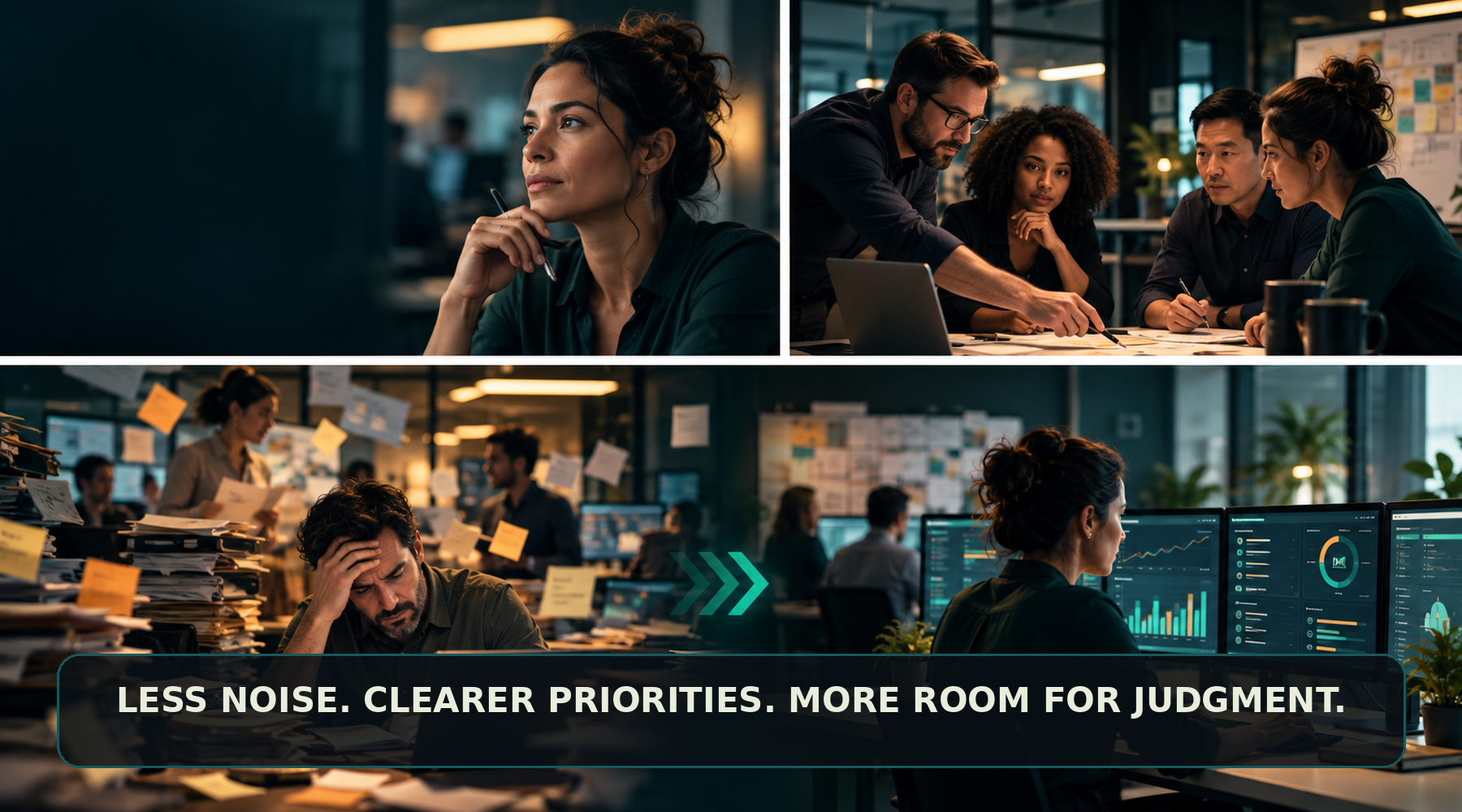 Customer-operations scenes moving from distraction and clutter toward clear priorities, collaborative planning, and measured execution.