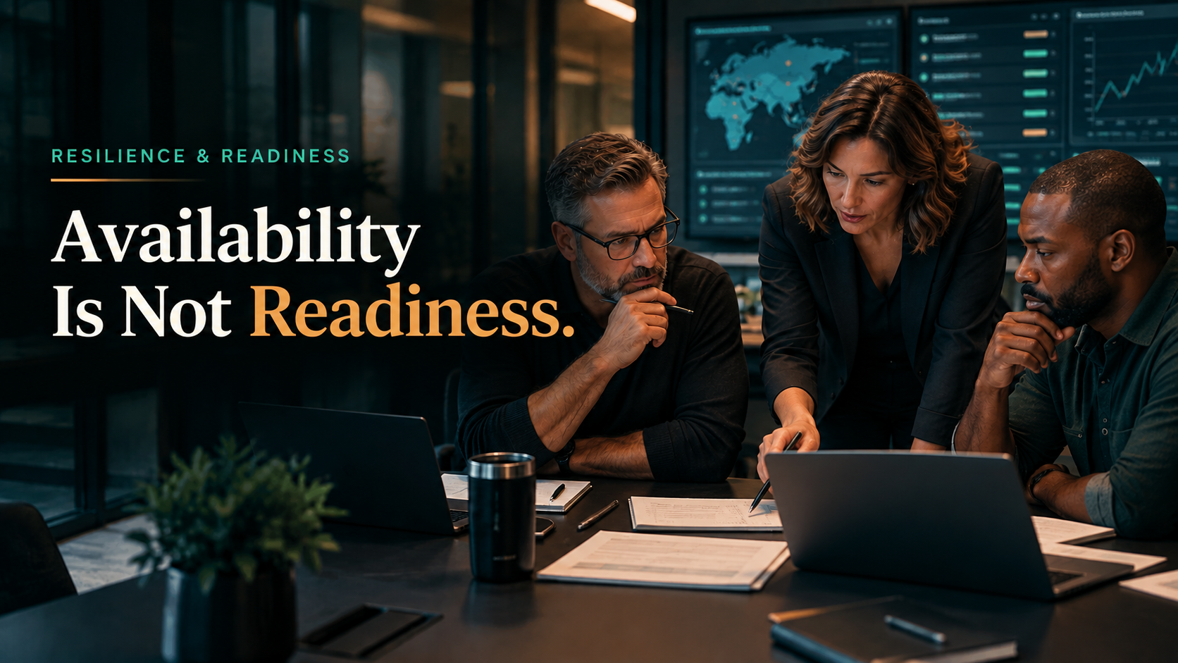 Editorial image of customer-operations leaders reviewing readiness plans beside the headline “Availability Is Not Readiness.”