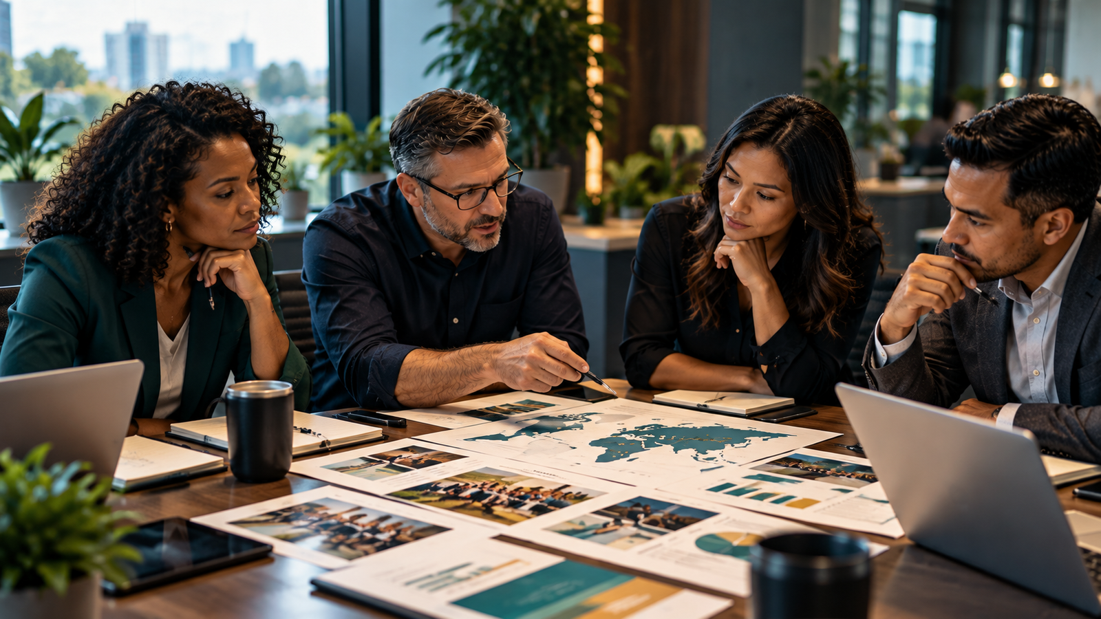 A diverse customer-operations and sourcing team reviewing global delivery, workforce, and provider materials around a conference table.