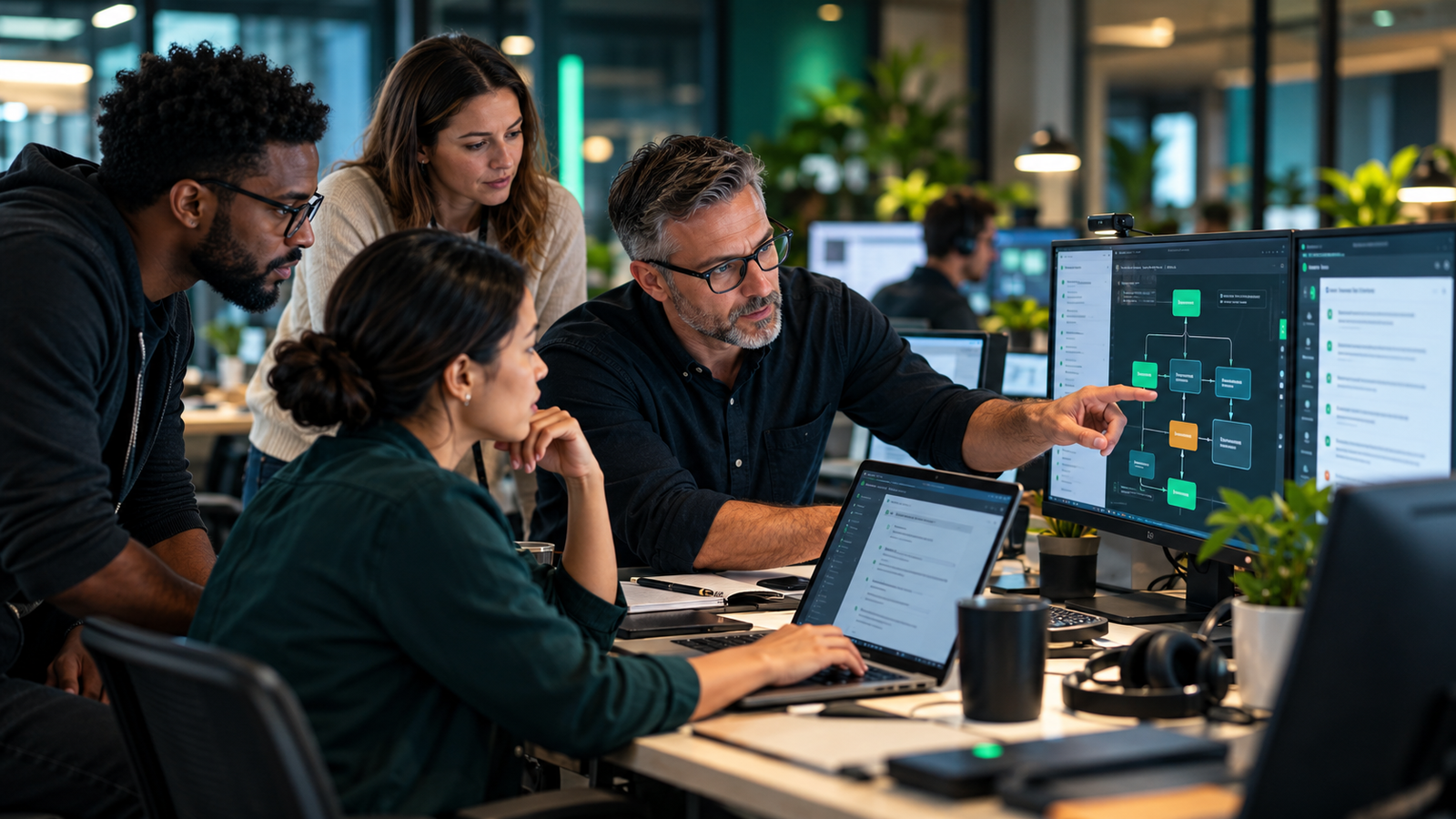 Customer-operations leaders reviewing a technical support workflow together in a contemporary operations workspace.