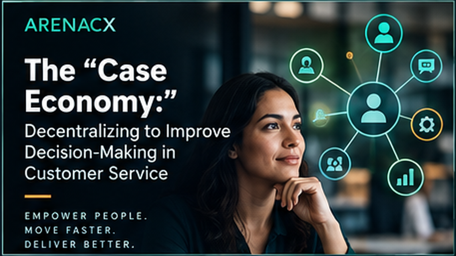 Editorial thumbnail for The Case Economy, showing a customer-operations professional and a decentralized network of people, tools, and outcomes.