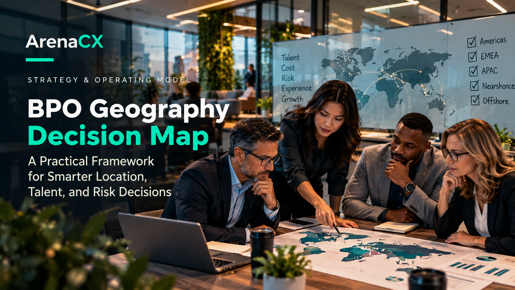 ArenaCX guide thumbnail for The BPO Geography Decision Map, showing an executive sourcing team reviewing global delivery options.